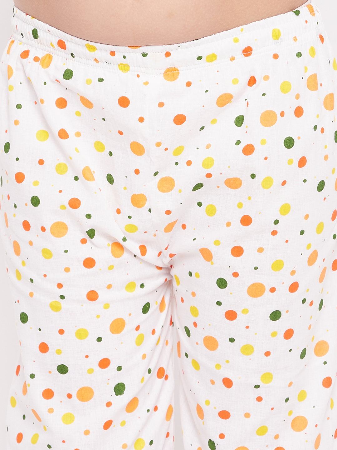 Multi Polka Dot Cotton Nightsuit with colorful dots on white fabric.