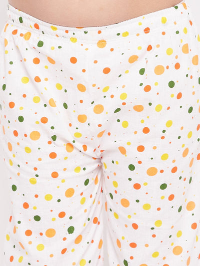 Multi Polka Dot Cotton Nightsuit with colorful dots on white fabric.