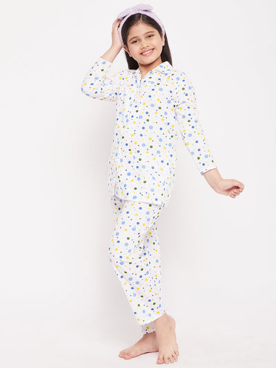 Multi Polka Dot Cotton Nightsuit for kids, featuring colorful polka dots on a white background.