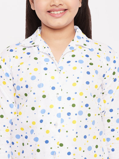 Multi Polka Dot Cotton Nightsuit for kids with colorful dots on white fabric.