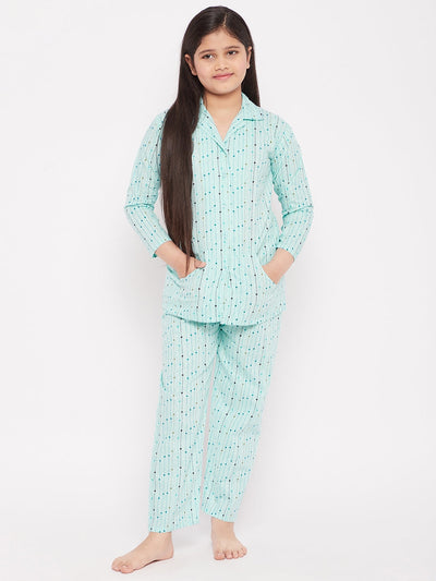 Sky Blue Printed Cotton Nightsuit for Kids