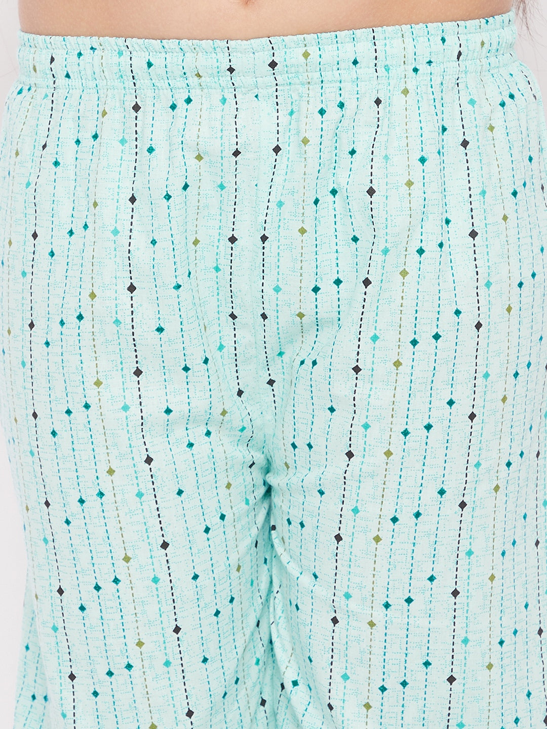 Sky blue printed cotton nightsuit with pattern details.