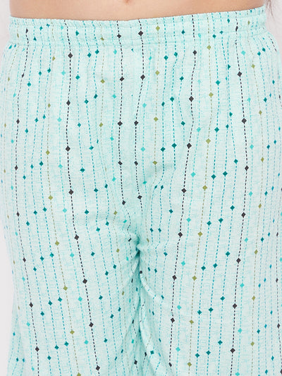 Sky blue printed cotton nightsuit with pattern details.