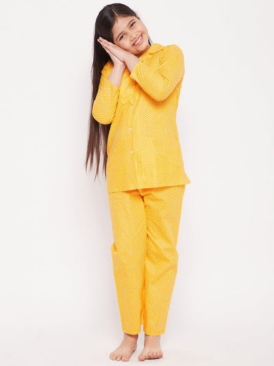 Mustard polka dot cotton nightsuit for kids.