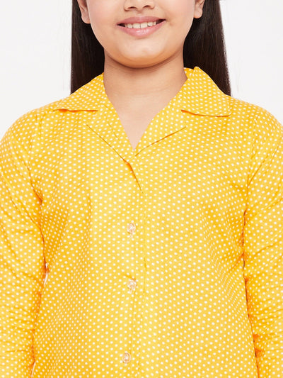 Mustard polka dot cotton nightsuit for kids.