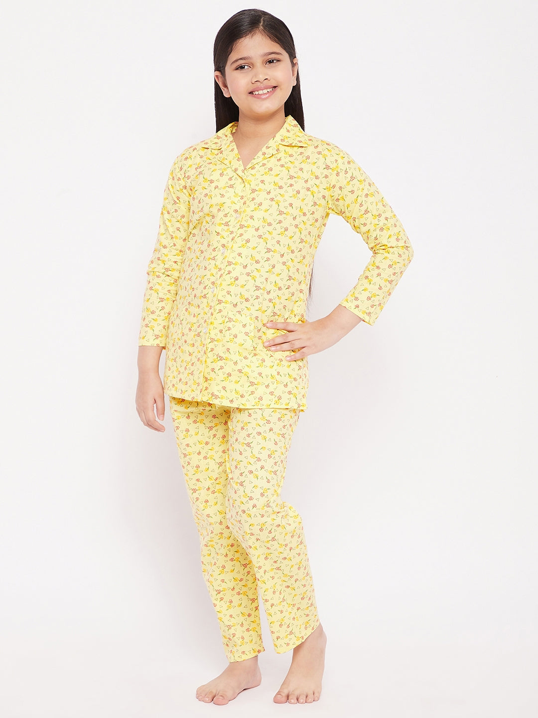 KYDZI Yellow Floral Print Cotton Nightsuit