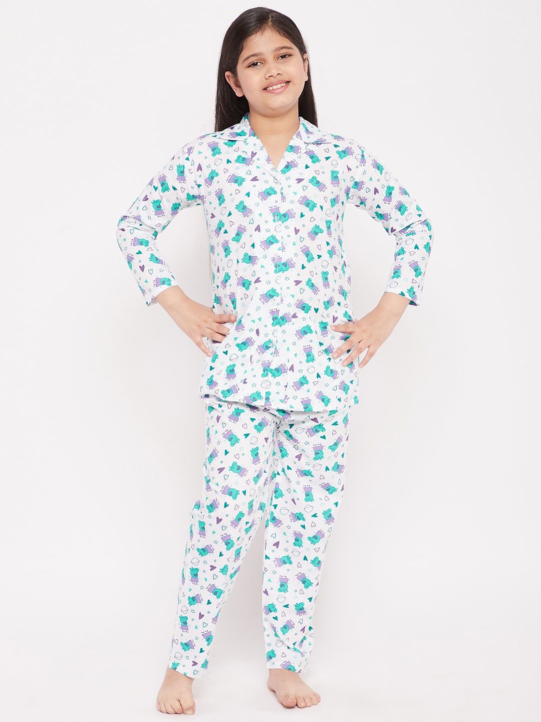 Green Printed Cotton Nightsuit - Clora for kids.
