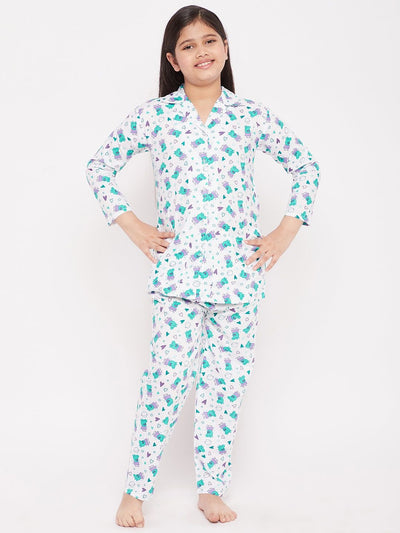 Green Printed Cotton Nightsuit - Clora for kids.