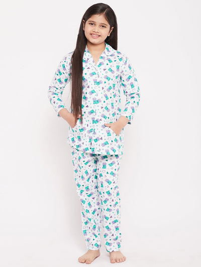 Green Printed Cotton Nightsuit - Clora for kids.